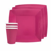 Santex 20x wegwerp bordjes en bekertjes - fuchsia roze - Feestbordjes - thumbnail
