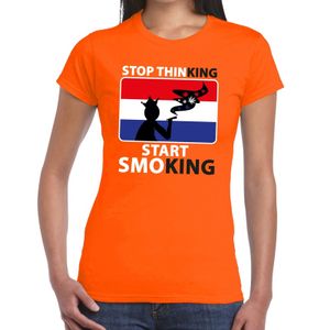 Oranje Stop thinking start smoking t-shirt dames