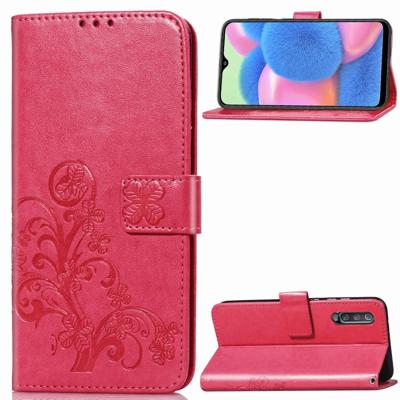 Voor Galaxy A30S vier-blad clasp reliëf gesp mobiele telefoon bescherming lederen draagtas met Lanyard & kaartsleuf & portemonnee & beugel functie (m