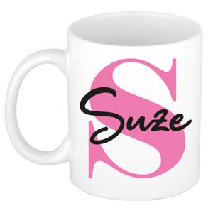 Naam mok Suze - roze - wit - keramiek - 300 ml - verjaardag/cadeau beker