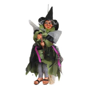 Halloween decoratie heksen pop op bezem - 25 cm - zwart/groen - Halloween poppen