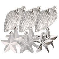 Dennenappels en sterren kerstornamenten - 12 stuks - kunststof - zilver - Kersthangers - thumbnail