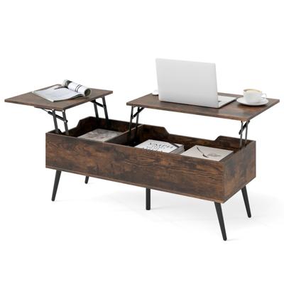 In Hoogte Verstelbare Salontafel met Opklapbaar Tafelblad & 2 Verborgen Opbergvakken Bijzettafel Bruin
