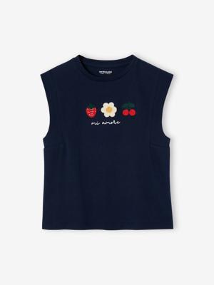 Meisjesshirt met paradijsvogel en schoudermouwen marineblauw