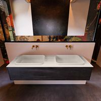 Badkamermeubelset Mondiaz Erin 150 cm met 1 Lade met RIDGE Wastafel Dubbel Linen Zonder Kraangaten Greeploos Mat Dark Brown