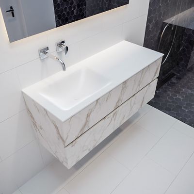 Mondiaz Vica Cloud badmeubel wit carrara mat 120 cm 2 lades solid surface enkele spoelbak links zonder kraangat