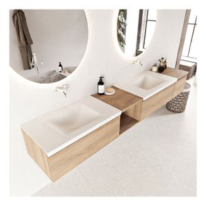 Mondiaz Bukla 240cm badmeubel met open module 40 links kleur washed oak 3 lades wastafel dubbel zonder kraangat kleur talc