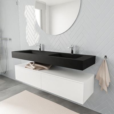 Mondiaz Alan badmeubel 150 cm talc 2 lades vrijhangend wastafel dubbel 2 kraangaten zwart