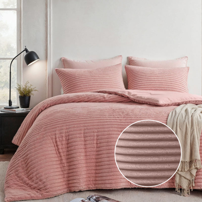 Dekbedovertrek Teddy Rib - Lits-Jumeaux (240x220 Cm) - Zacht Roze Microvezel Teddy - Strepen - Fresh And Co - Dekbed-Discounter.nl