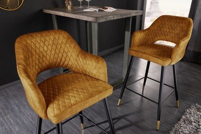 Elegante barkruk PARIS mosterdgeel fluweel met decoratieve stiksels en gouden voetdoppen - 41516