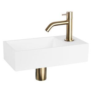 Differnz Solid fonteinset - 36x18.5x9cm - Rechthoek - 1 kraangat - Gebogen matte gouden kraan - Solid surface Wit 38.402.38