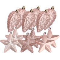 Dennenappels en sterren kerstornamenten - 12 stuks - kunststof - lichtroze - Kersthangers
