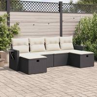 6-delige Loungeset met kussens poly rattan zwart