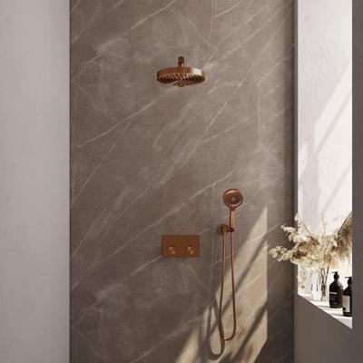 BRAUER Stripe Thermostatische Inbouw Regendouche - drukknoppen - SET 28 - 25cm douchekop - rechte muurarm - 3-standen handdouche - doucheslang - wandaansluitbocht - koper geborsteld PVD 5-GK-419