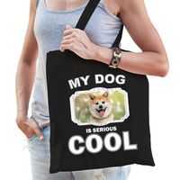 Akita inu honden tasje zwart volwassenen en kinderen - my dog serious is cool kado boodschappentasje - thumbnail