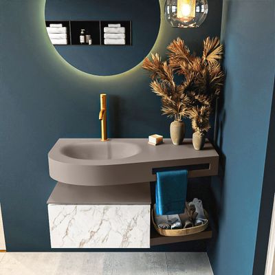 MONDIAZ RIVA 100cm badmeubel onderkast / planchet kleur carrara met 1 lade. Wastafel DULCET links 1 kraangat kleur Smoke. MONDIAZ RIVA 100cm badmeubel onderkast / planchet kleur carrara met 1 lade. Wastafel DULCET links 1 kraangat kleur Smoke.