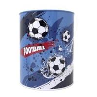 Spaarpot blik voetbal thema - blauw - D12 x H16 cm - Football tekst - sport cadeau Spaarpot blik voetbal thema - blauw - D12 x H16 cm - Football tekst - sport cadeau