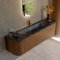 Mondiaz KURVE-DLUX 170 cm Onderkast Greeploos 1 Lade Met Deuren Walnut, Wastafel Solid Surface Midden Lava 1 Kraangat Zonder Spiegel (KRVBGL170L+R1L2D1KM-Wal/Lav)