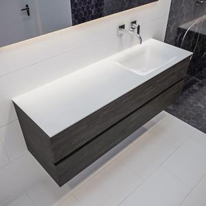 Mondiaz Vica Cloud badmeubel eiken donker bruin 150 cm 2 lades solid surface enkele spoelbak rechts zonder kraangat