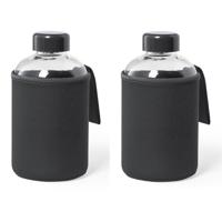 Glazen waterfles/drinkfles softshell bescherm hoes - 2x - zwart - 600 ml - Sportfles - Bidon