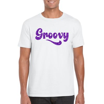 Wit Flower Power t-shirt Groovy met paarse letters heren