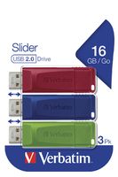 Verbatim USB 2.0 Slider USB stick, 16 GB, pak van 3 stuks