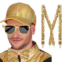 Disco/gabber Verkleedset - bretels/bril/strik en cap - goud - Carnaval/70's/80's - themafeest Disco/gabber Verkleedset - bretels/bril/strik en cap - goud - Carnaval/70's/80's - themafeest