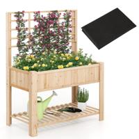 Houten Verhoogd Bed met Trellis & Opbergruimte Bloemenbed met Afvoergaten Tuinbed Plantenbak Natuurlijk