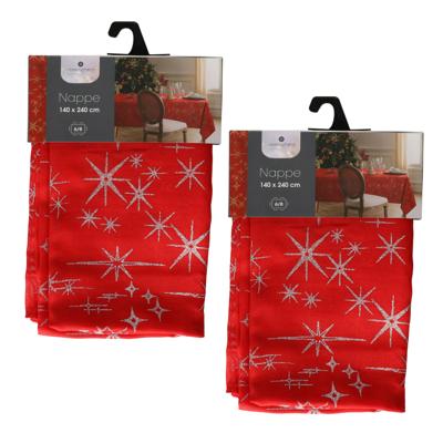 Tafelkleed/tafellaken - 2x - rood - zilveren sterren - 140 x 240 cm - katoen - rechthoekig