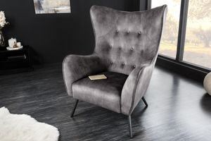 Design XL fauteuil AMSTERDAM grijs fluweel zwart metalen poten retrostijl - 43567