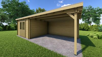 Classicline Blokhut Overijssel vuren groen geïmpregneerd 300x300 + overkapping 400 cm- Lessenaarsdak- - Van Kooten