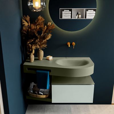 MONDIAZ RIVA 100cm badmeubel onderkast / planchet kleur Greey met 1 lade. Wastafel DULCET rechts 0 kraangaten kleur Army. MONDIAZ RIVA 100cm badmeubel onderkast / planchet kleur Greey met 1 lade. Wastafel DULCET rechts 0 kraangaten kleur Army.