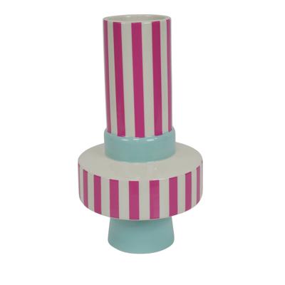 Vaas - Streep - Keramiek - Mintgroen/Neonroze - 14x14x26 cm