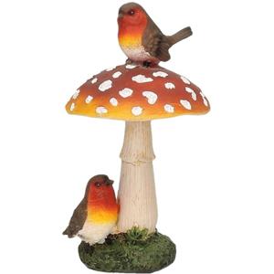 Paddenstoel beeldje met roodborstjes - tuin en huis herfstdecoratie - 16 cm - polyresin - ornament m