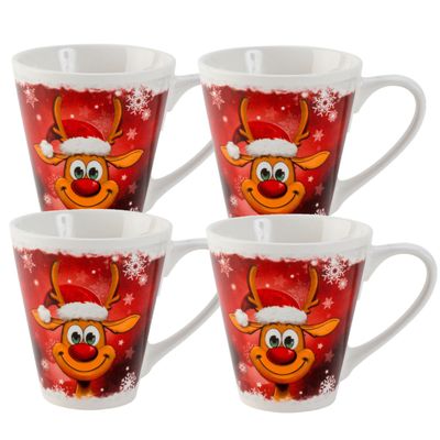 Kerst bekers/mokken - 4x st- rendier - 9,5 x 8 cm - 300 ml