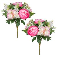 Kunstbloemen boeket roos/hortensia - 2x stuks - roze/cerise - H39 cm - Bloemstuk - Bladgroen