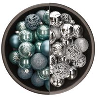 74x stuks kunststof kerstballen mix van zilver en ijsblauw 6 cm - Kerstbal - thumbnail