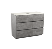 Storke Edge staand badmeubel 110 x 52 cm beton donkergrijs met Mata asymmetrisch linkse wastafel in mat witte solid surface