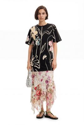 Kort jurkje met geïllustreerde bloemen - BLACK - XL