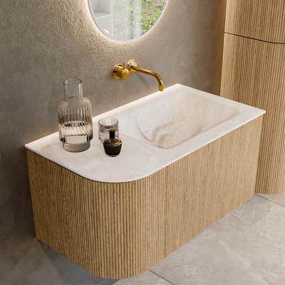 Mondiaz KURVE-DLUX 85 cm Onderkast Greeploos 1 Lade Met Deuren Oak, Wastafel Solid Surface Rechts Frappe 0 Kraangaten Zonder Spiegel (KRVCLO85L1L1D0KR-Oak/Fra)