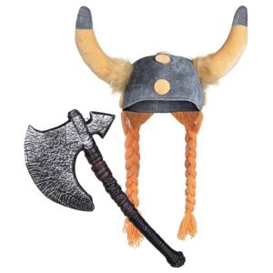 Vikingen/noormannen verkleed set - 2 delig - heren - helm met hoorns - Hakbijl 46 cm