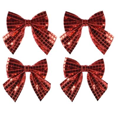 Kerstornamenten strikken - 4x - rode pailletten - 12 x 13 cm - kerstboomstrikjes