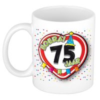 Verjaardag cadeau mok leeftijd 75 jaar - hartje verkeersbord - multi - keramiek - 300 ml   -