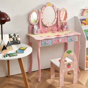 Kaptafel met Drievoudige Spiegel Kinder Kaptafel en Stoel met 3 Lades 2 Opbergdozen Make-Up Kaptafel voor Kinderen Roze