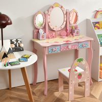 Kaptafel met Drievoudige Spiegel Kinder Kaptafel en Stoel met 3 Lades 2 Opbergdozen Make-Up Kaptafel voor Kinderen Roze - thumbnail