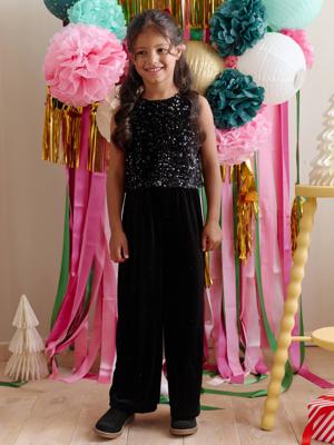 Fluwelen jumpsuit met pailletten voor meisjes zwart