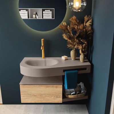 MONDIAZ RIVA 100cm badmeubel onderkast / planchet kleur Washed_Oak met 1 lade. Wastafel DULCET links 1 kraangat kleur Smoke.