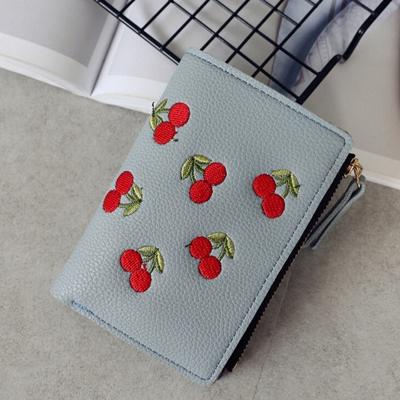 PU lederen Cherry borduurwerk Coin Purse kaarthouders (grijs blauw)