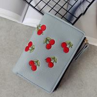 PU lederen Cherry borduurwerk Coin Purse kaarthouders (grijs blauw)