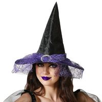 Halloween heksenhoed - met sluier&amp;nbsp; - one size - zwart/paars - meisjes/dames   -